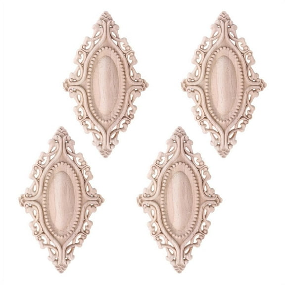 JZROCKER 4pcs Wood Carved Onlay Applique Oval Carving Flower Unpainted Frame Furniture Wall Door Decoration