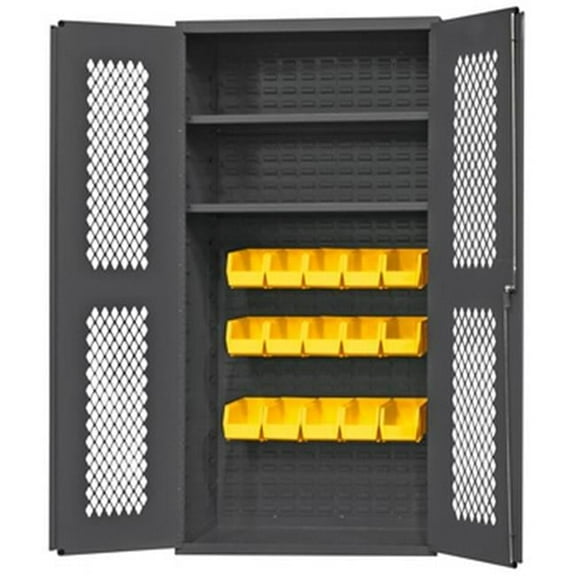 Durham EMDC36182S15B95 36 in. 14 Gauge Clearview Flush Door Style Lockable Cabinets with 15 Yellow Hook on Bins & 2 Adjustable Shelves, Gray