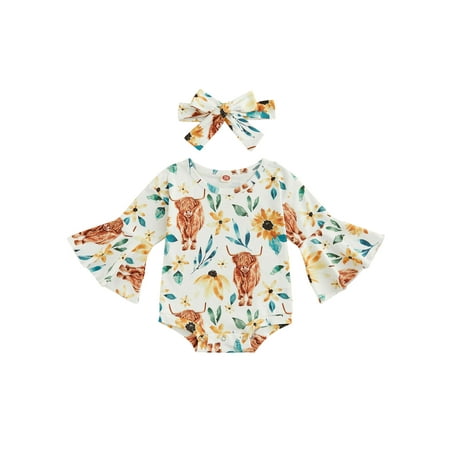 

FOCUSNORM Newborn Baby Girls Romper Boho Floral Animal Print Jumpsuit Long Flare Sleeve Bodysuit with Headband Fall Winter Clothes