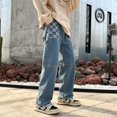 thumbnail image 2 of Men's Patchwork Checkerboard Straight Leg Jeans, Loose Wide Leg Denim Pants Casual Streetwear Trousers, 2 of 5