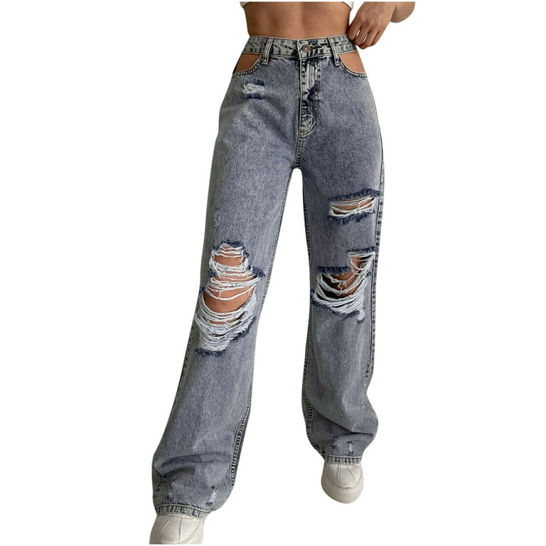 SMihono Discount Ripped Straight-Leg Denim Pants Button Elastic Waist Slim  Fit Fashion Ladies Full Length Frayed Pants Jeans for Women Solid Color
