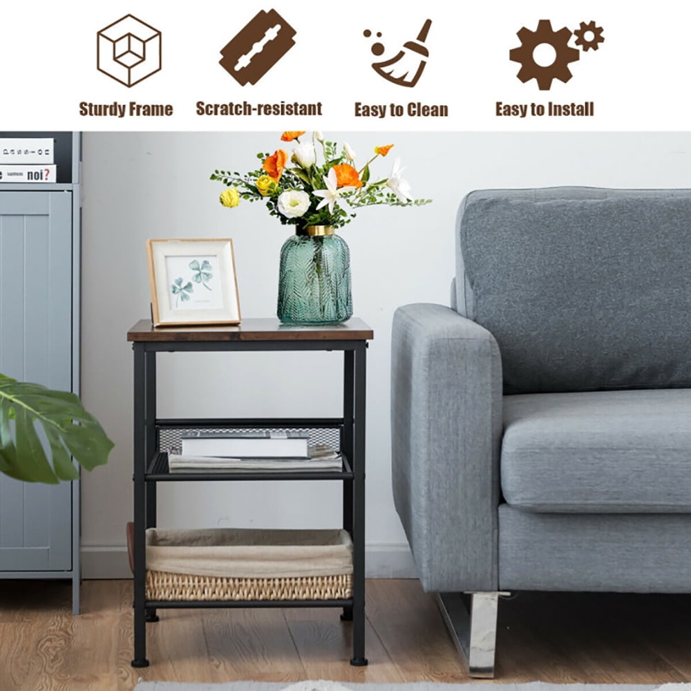 Finihen End Table, 3-Tier Industrial End Table with Mesh Shelves and Adjustable Shelves, Sofa Side Table, Bed Side Table, for Living Room, Bedroom, Brown Finihen End Table, 3-Tier Industrial End Table with Mesh Shelves and Adjustable Shelves, Sofa Side Table, Bed Side Table, for Living Room, Bedroom, Brown
