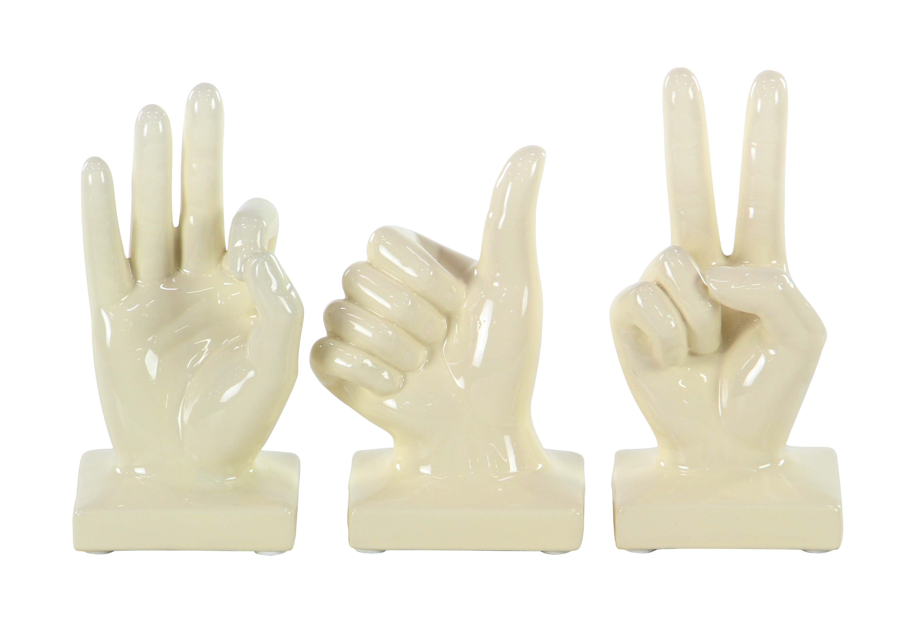Decmode Set of 3 Modern Ceramic Ivory-Finished Hand Sign Sculptures, Ivory by DecMode