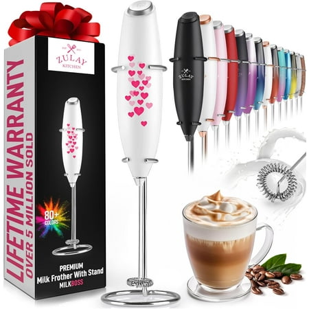 Zulay Kitchen Milk Frother with Stand Handheld Electric Whisk for Coffee Latte and Matcha - Hearts