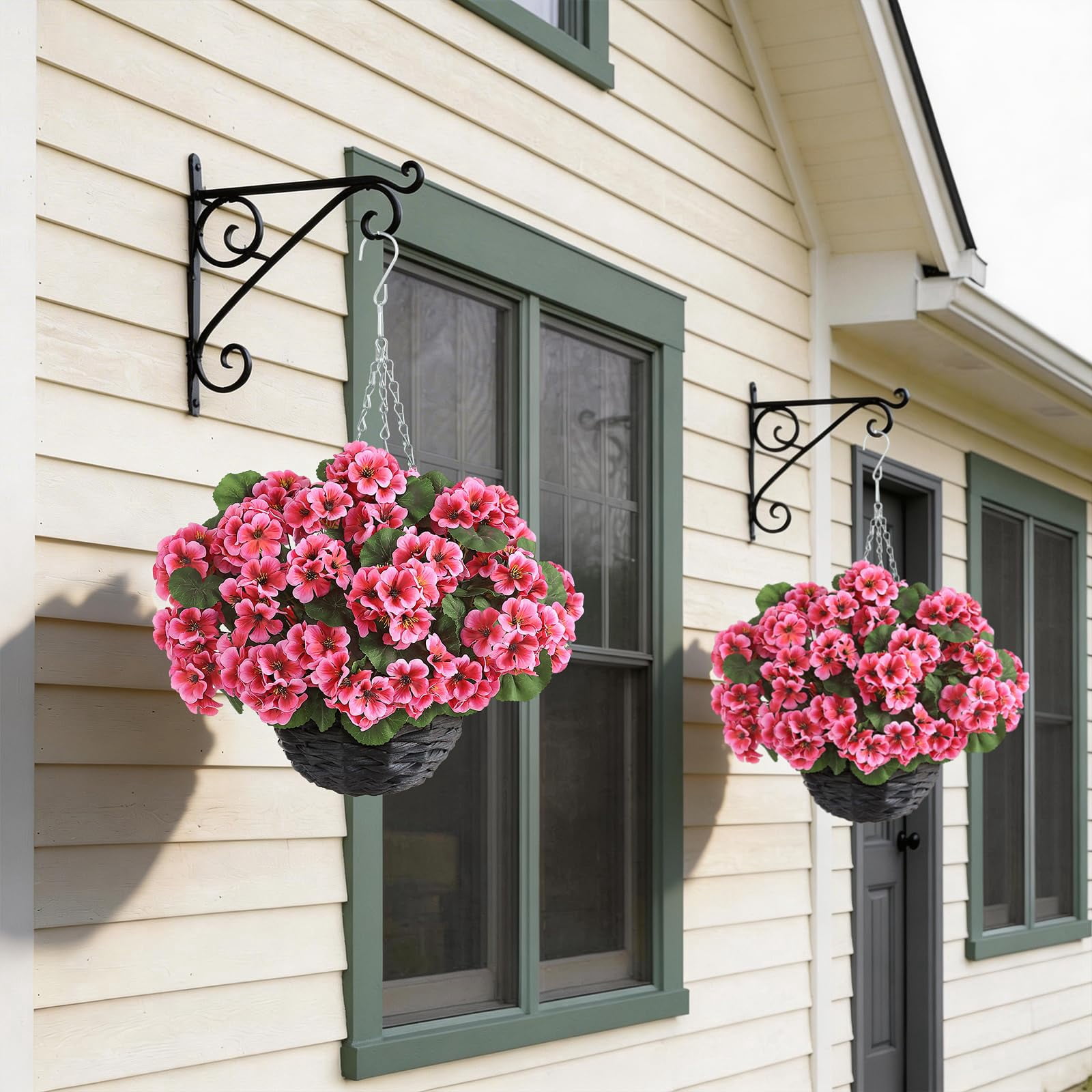 2 Set Artificial Geraniums Flowers with Hanging Baskets for Outdoors - Sun Resistant Silk with Geranium Flowers, Fake Hanging Planters for Front Porch Garden Patio Home Decor (Red)