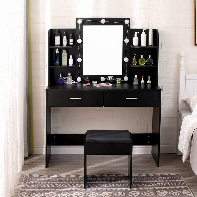 MELLCOM Vanity Table Set Makeup Desk Dressing Table with Lighted Mirror Black