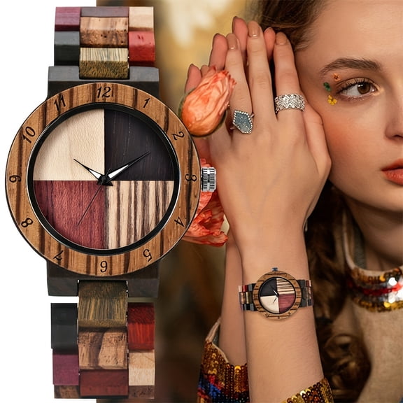 Wooden Watches For Women Ladies Plaid Wood Design Watch Lightweight Wooden Watches With Adjustable Strap And Stainless Steel Buckle Quartz Watches For Women Christmas Gift For Women,Multi-color