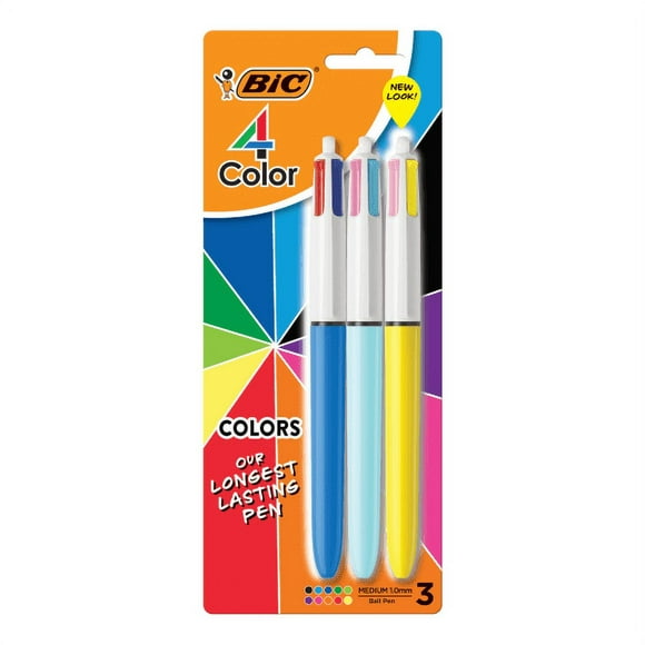 BIC 4-Color Retractable Ballpoint Pens, Medium Point, 1.0 mm, Assorted Ink Colors, Pack of 3