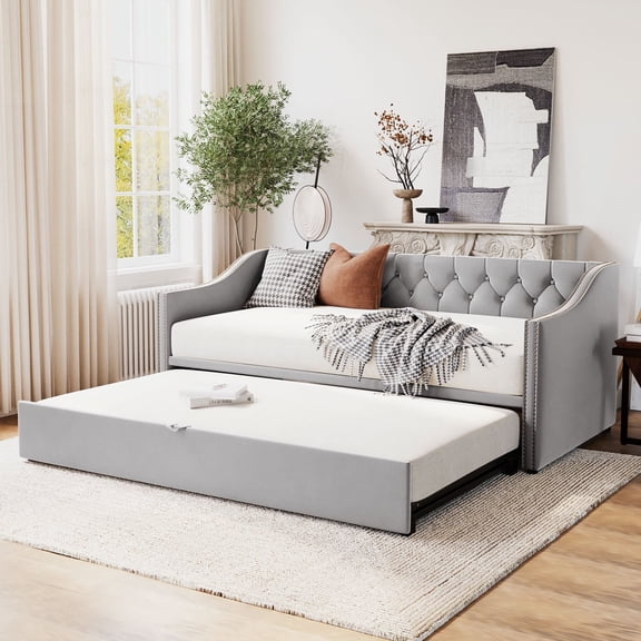 Miekor Twin Size Upholstered daybed with Pop Up Trundle, Gray BC2A3292