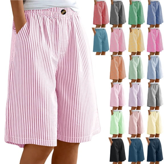 Smsaxvxz Womens Summer Striped Bermuda Fashion Drawstring Elastic Waist Casual Loose Wide Leg Pants With Pockets Pink 01 3XL