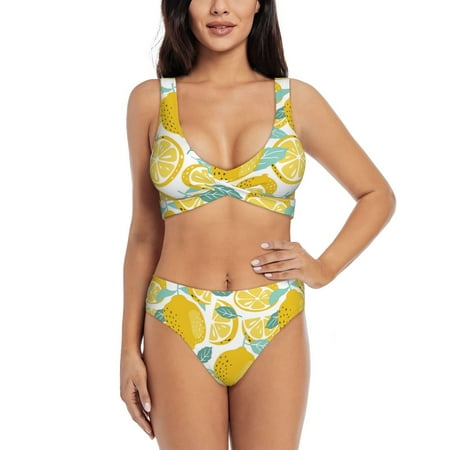 Bathing Suit For Women  Cute Lemon Sweet Sour High Waisted Bikini Set Bathing Suit Cross Lace Up Swimsuit