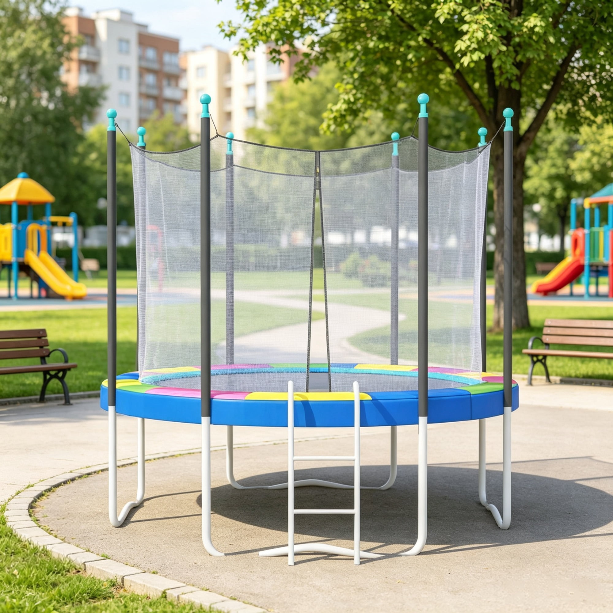 12FT Trampoline Spring Pad, Safety Replacement Cover, Waterproof & Tear Resistant, No Pole Holes, All Weather Trampoline Part, Multi-Color (Only Trampoline Replacement Mat)