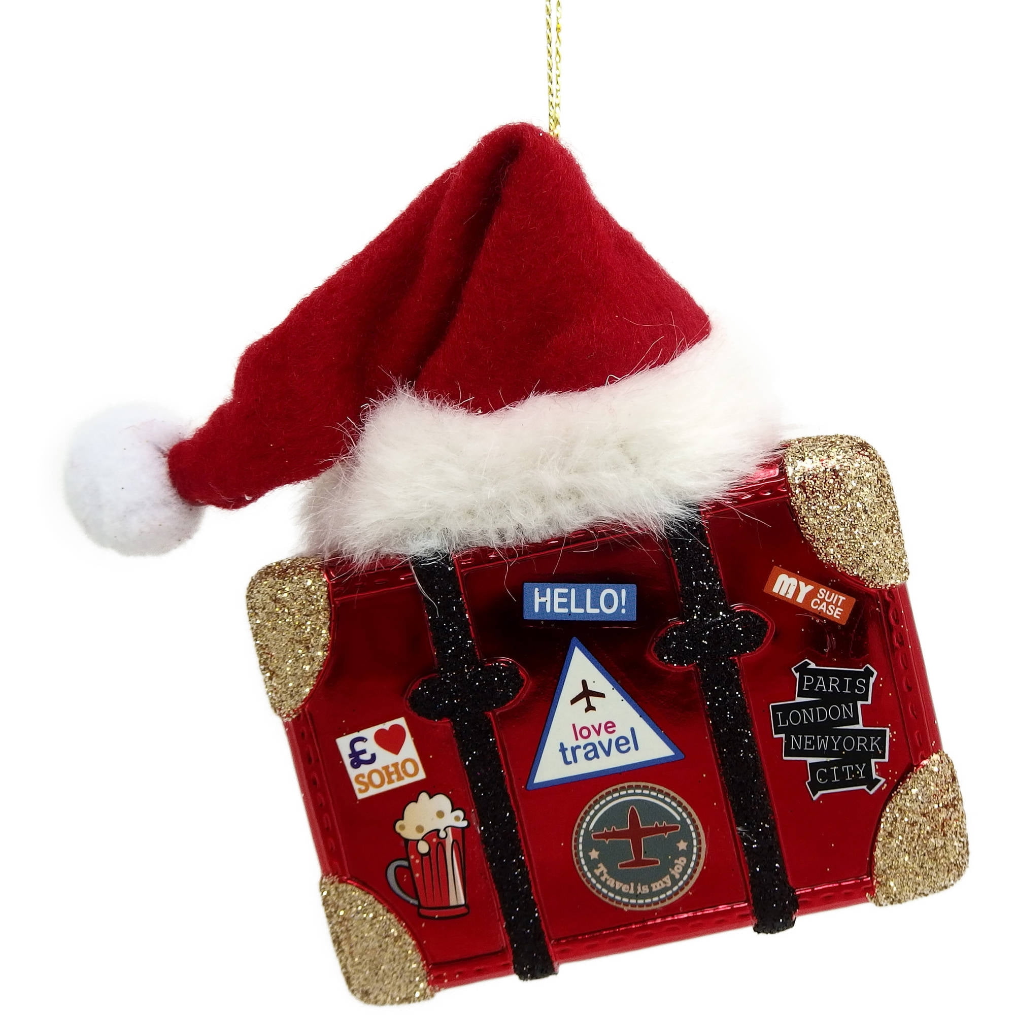 Holiday Time Christmas Ornaments 6Piece Red Shiny Luggage with Santa