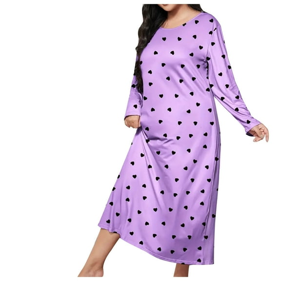 Qingpeng Long Sleeve Nightgowns for Women Soft Heart Print Crewneck Pullover Sleep Dress