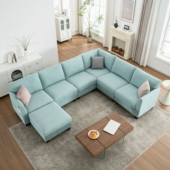 Noble House Modular U-Shaped Sectional Sofa with Storage Ottoman & USB Ports, 6-Seater Oversized Corner Couch, Blue