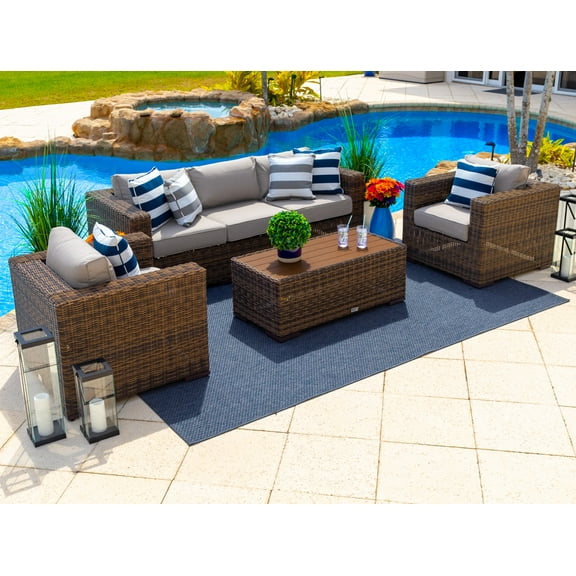 Tuscany 4-Piece L Resin Wicker Outdoor Patio Furniture Conversation Sofa Set in Brown w/ Three-seat Sofa, Two Armchairs, and Coffee Table (Half-Round Wicker, Polyester Light Gray)