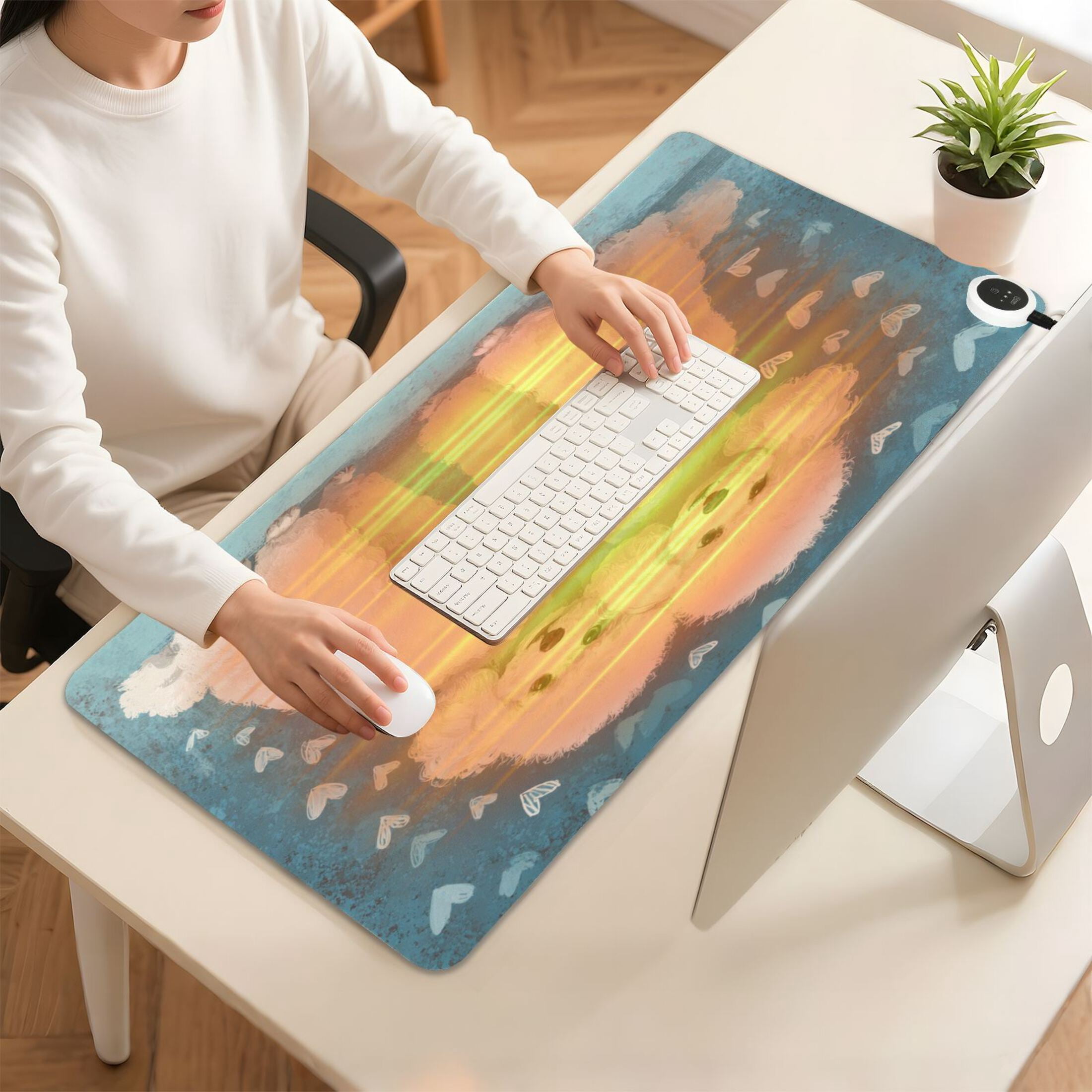 Large Heated Desk Mat Mouse Pad 31.5"x13"PU Leather Graphene Heating Desk Warmer with 3 Temperature Settings 110V US Plug Non-Slip Warm Pad for Home, Office, and Gaming Sweet White Poodle Duo
