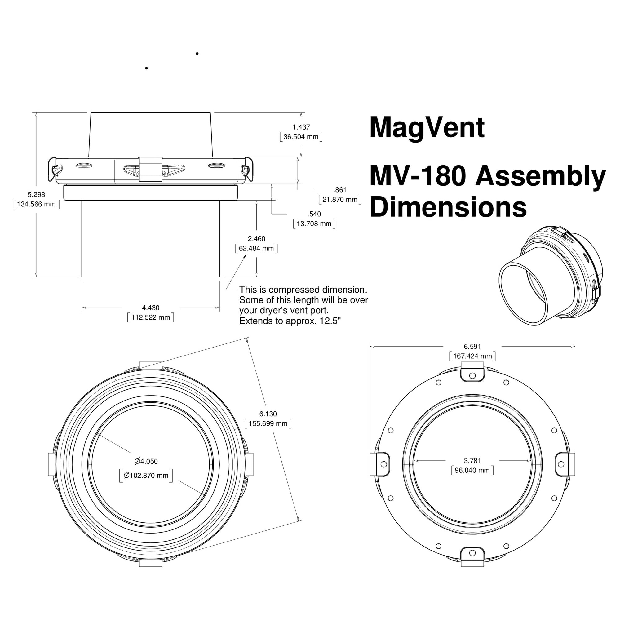 MagVent MV-180 Magnetic Dryer Vent Kit – 180° Straight, Home, Easy Installation Dryer Vent Coupling