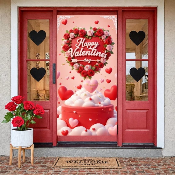 Red Pink Roses Valentine's Day Banner Heart-shaped Love Display Gold Stars Arrow Accent Heart Backdrop for Valentine's Day Party Anniversary Celebration Romantic Date
