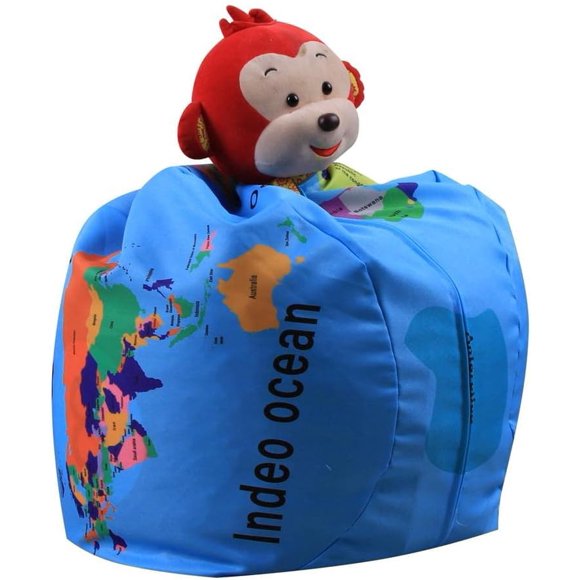 Storage Bean Bag, Large World Map Volleyball Black 8 Printed Sack, 26 Inch Beanbag Cover with Zipper for Kids Plush Toys Game Play, Ideal Ball Storage (LY-006 - World Map)