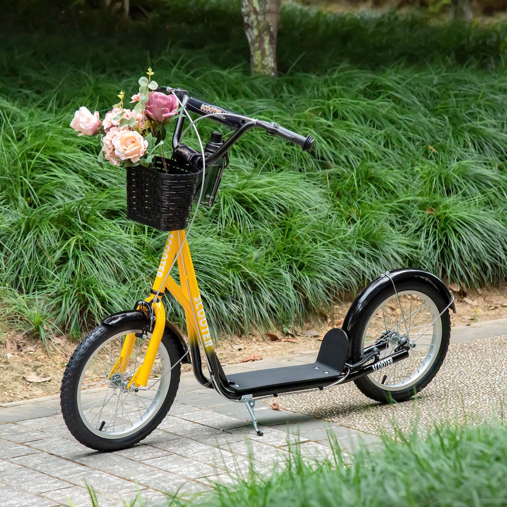Kids Bike Aosom Youth Scooter, Kick Scooter with Adjustable Handlebars, Double Brakes, 16" Inflatable Rubber Tires, Basket, Cupholder, Orange,Boys Bike
