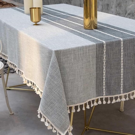 ZWHong Rectangle Tablecloth, 55x70 Inch Cotton Linen Waterproof Table Cover with Tassel Edge, Lines Grey Farmhouse Dining Table Cloth for Kitchen, Party, 4-6 Seats