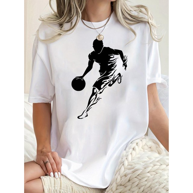 Camiseta de Mujer de Verano BásicaWomen's Fashion Basketball Flame Graphic Tee - Casual Crew Neck Short Sleeve, Stretchy Polyester Blend, Machine Washable - Perfect for SummerFather's Day, Mother's