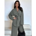 thumbnail image 4 of Women's Casual Lounge Two Piece Outfits Long Sleeve V Neck Wrap Tie Waist Shirt Wide Leg Pants Sets Gray S, 4 of 10