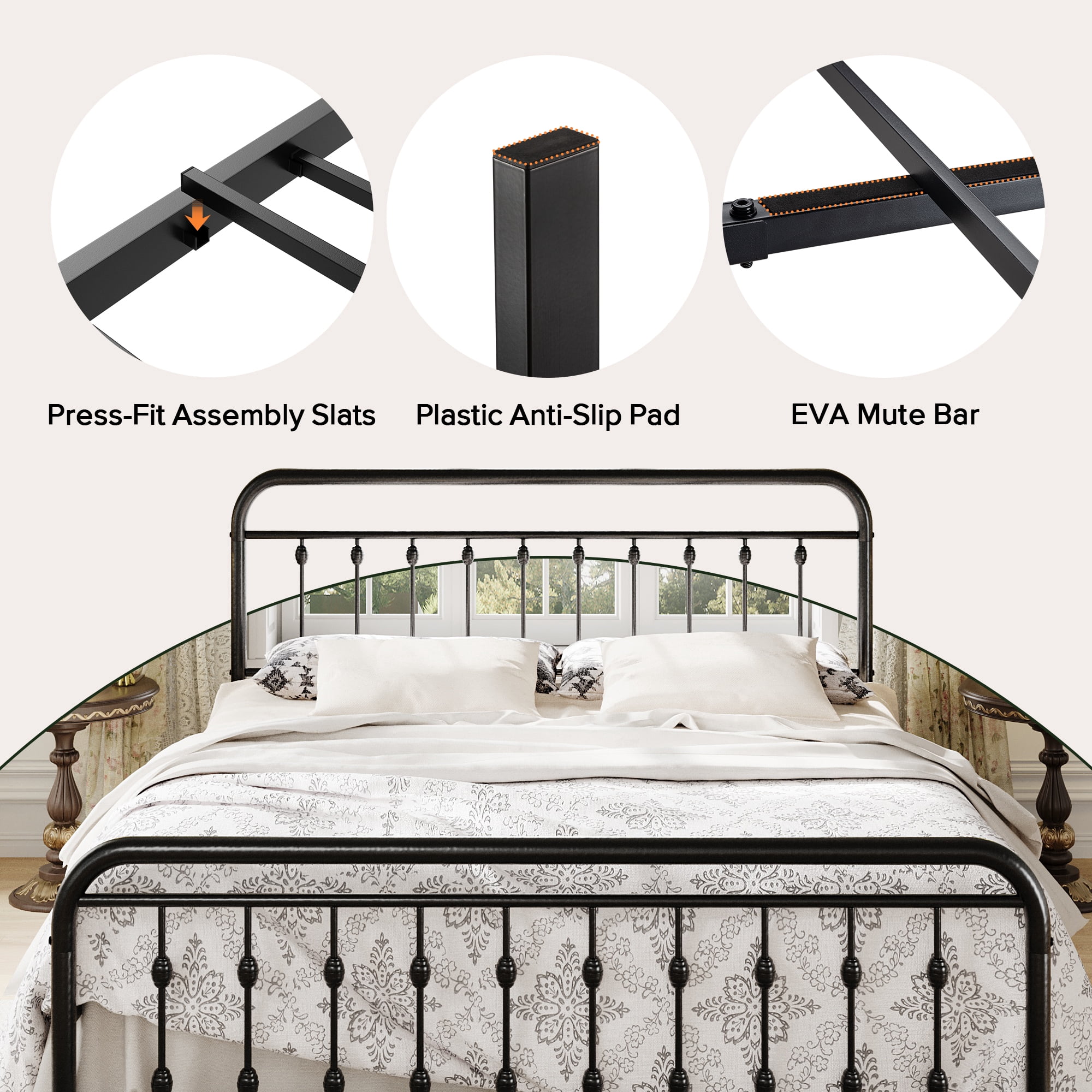 Einfach King Bed Frame, Metal Platform Bed with Vintage Headboard, No Box Spring Needed, Heavy Duty, Black
