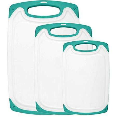 HOMWE Kitchen Cutting Board (3-Piece Set) - Juice Grooves with Easy-Grip Handles, Non-Porous, Dishwasher Safe - Multiple Sizes - Aqua