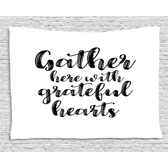 Gather Tapestry, Gather Here with Grateful Heart Quote Minimalist Hand Written Calligraphy, Wall Hanging for Bedroom Living Room Dorm Decor, 80W X 60L Inches, Dark Blue Grey White, by Ambesonne