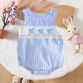 thumbnail image 2 of UngA Newborn Infant Baby Boy Easter Outfit Bunny Carrot Embroidery Sleeveless Smocked Bubble Romper Striped/Plaid Bodysuit Summer Clothes (Blue,0-3 Months), 2 of 7