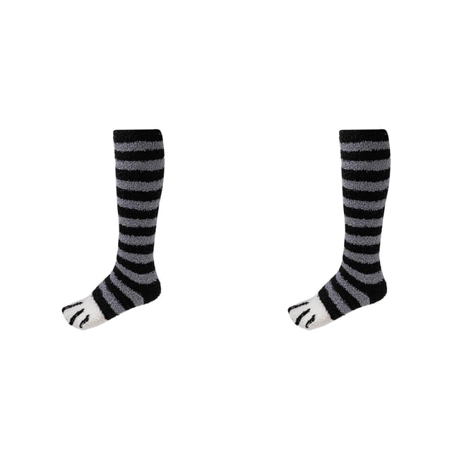 (2-Pack) Rinsvye Winter Coral Velvet Girls Christmas Stockings Knitted Stocking Knee High Socks Oversized Fishnet Tights Cat Stripe Pattern