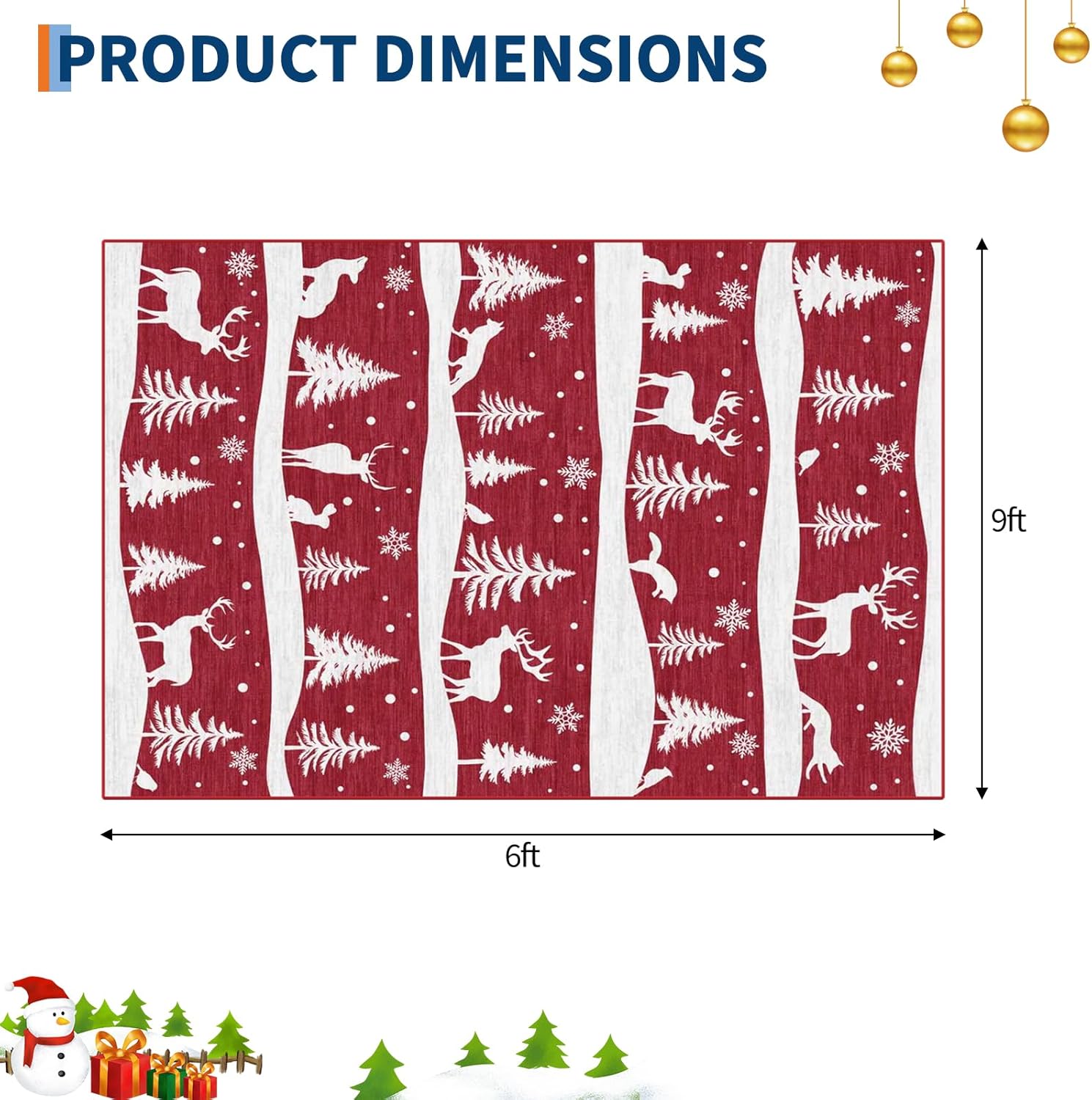 Garvee 6x9 ft Christmas Rug, Washable Non Slip Low Pile Carpet, Xmas Tree Reindeer Snowflake Indoor Rug for Entryway, Kitchen, Living Room, Red
