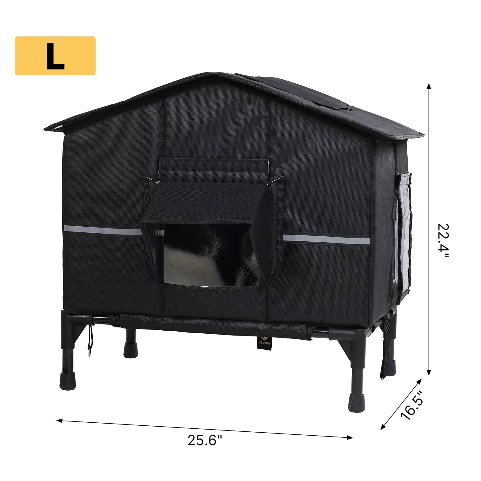 Veehoo Outdoor Cat House Weatherproof, Outside Insulated Feral Cat Shelter with Elevated Base, Waterproof Eaves & Escape Door for Stray Barn Cats, 25.6"x16.5"x22.4"