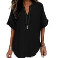 thumbnail image 4 of Gfyviroh Women's Lightweight Tops Notch V-Neck Curved Hem Loose Blouse Casual Pullover Short Sleeve Shirt, 4 of 9
