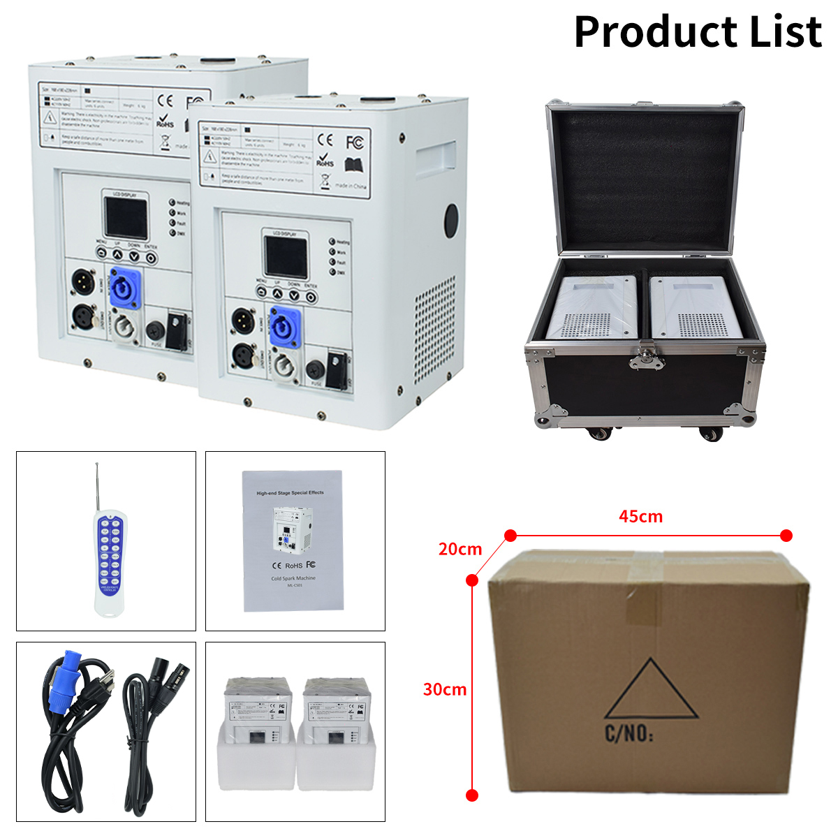 2Pack Cold Spark Machine DMX Firework Machine LCD Screen for Wedding Stage Party DJ Disco, White with Road Case