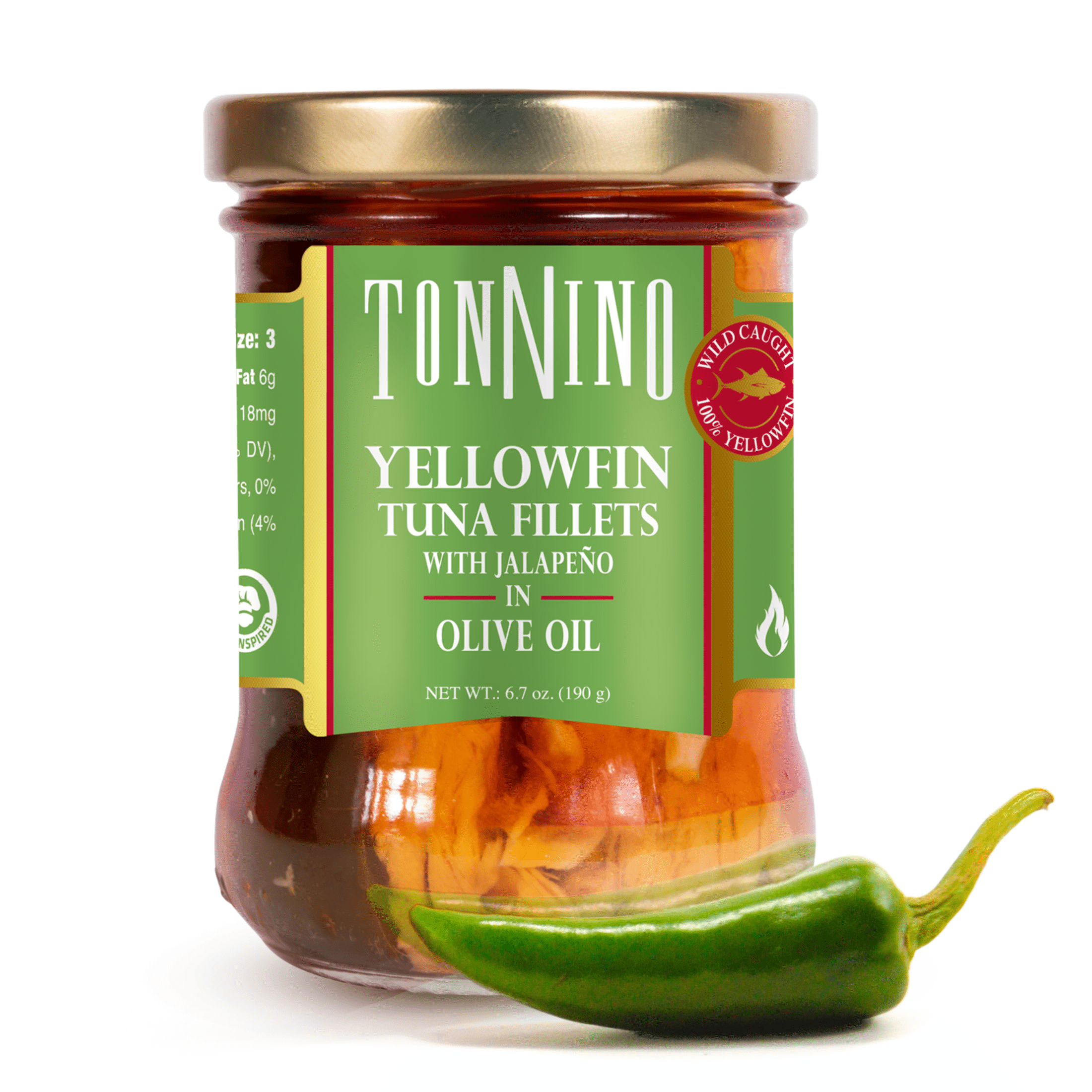(4 pack) Tonnino Premium Yellowfin Tuna Fillet with Jalapeno in Olive Oil, Wild Caught, 6.7 oz Jar, Gluten-Free