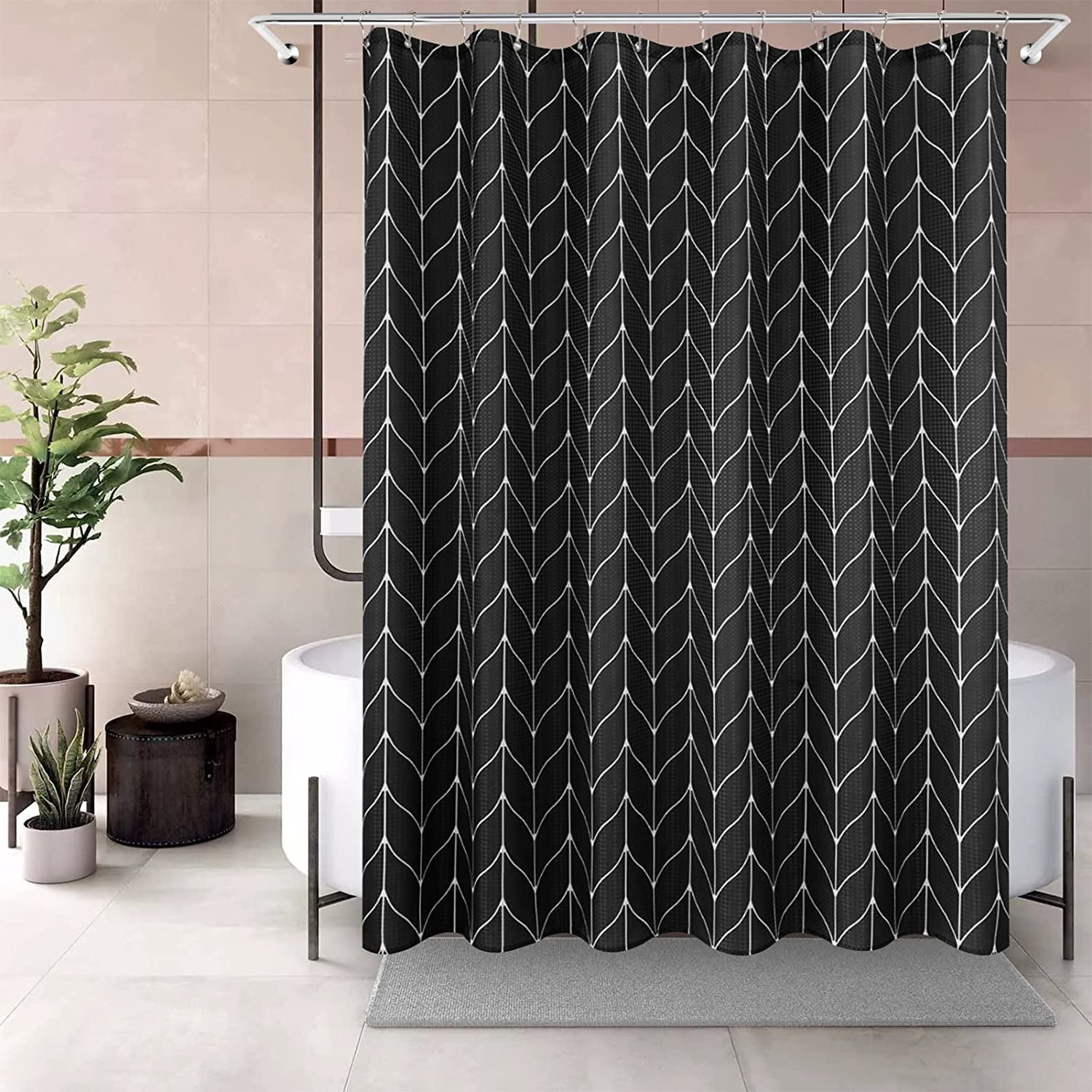 Black and White Herringbone Shower Curtain, Modern Geommetric Black