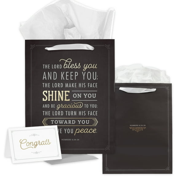 Christian Art Gifts Large Portrait Style Gift Bag w/Greeting Card & Tissue Paper Set for Graduates & Celebrations: Lord Bless You and Keep You - Num. 6:24 Inspirational Bible Verse, Matte Black & Gold