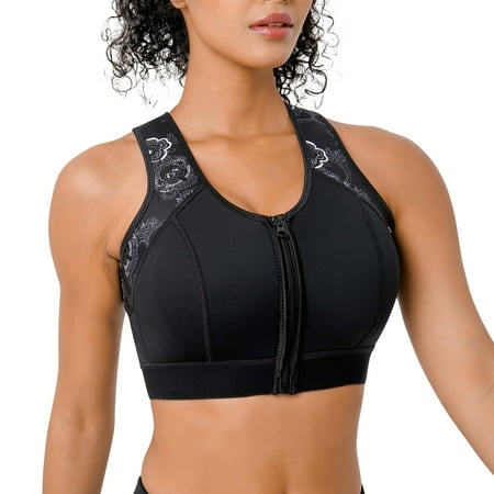 

Junlan Women High Impact Workout Sports Support Bra Full Cup Top Vest with Front-Zipper Fitness Diving Swimming Surfing(Black S)