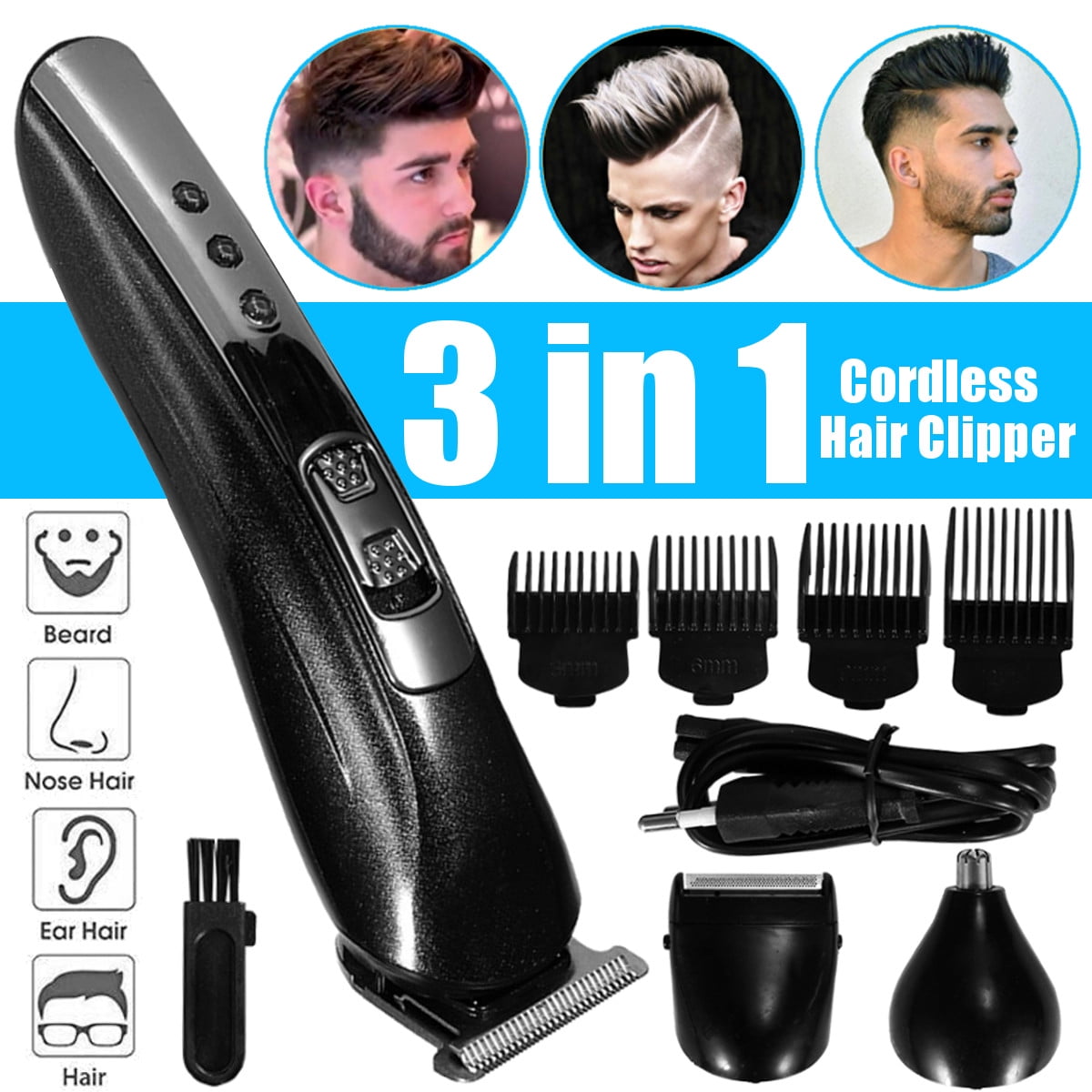 3 IN 1 Professional Men Cordless Electric Hair Clipper Trimmer Haircut ...