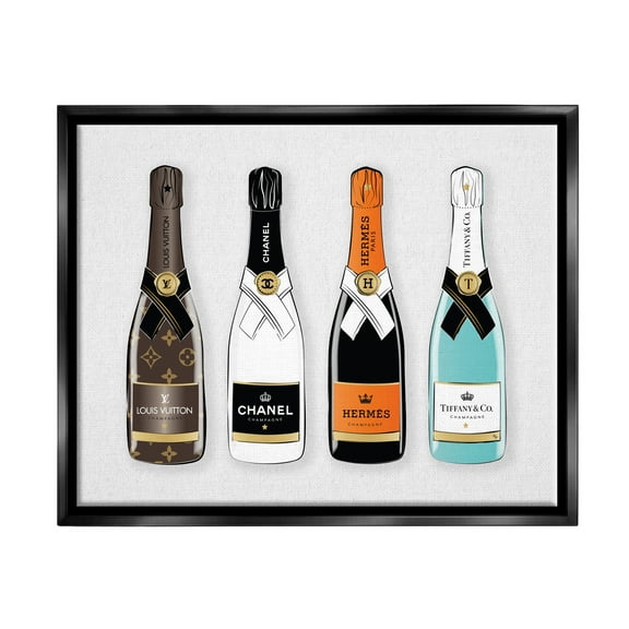 Stupell Industries Glam Fashion Champagne Bottles Style Brand Jet Black Framed Floating Canvas Wall Art, 16x20, by Martina Pavlova
