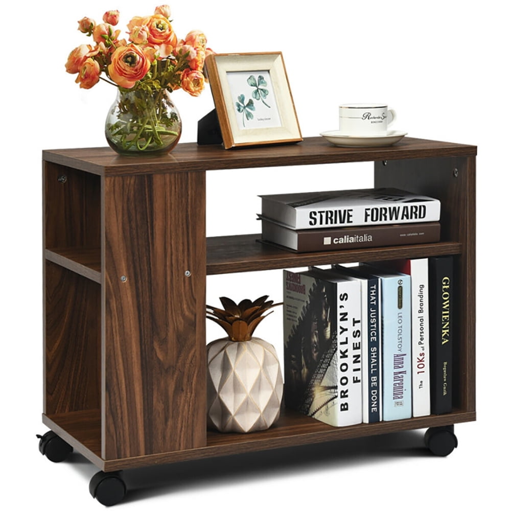 Finihen Side Table, Multifunctional 3-Tier Side Table with Wheels and Large Storage Shelf, for Living Room, Bedroom, Brown