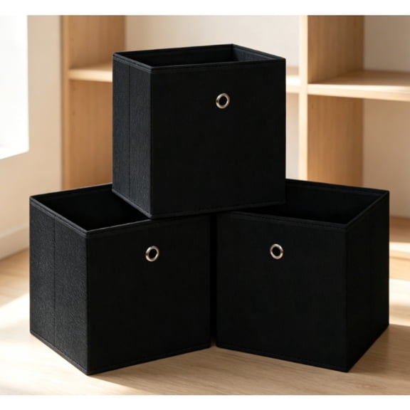 Set of 3 Black Foldable Fabric Storage Cubes, 11 Inch Cloth Storage Bins with Handles, Collapsible Organizer Baskets for Home Storage