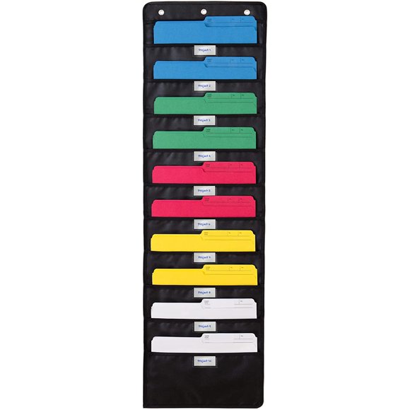 WallDeca Hanging File Organizer | Black, Letter-Sized, Storage Pocket Chart for Office, Home and Classroom (20 Pockets - with Nametag)