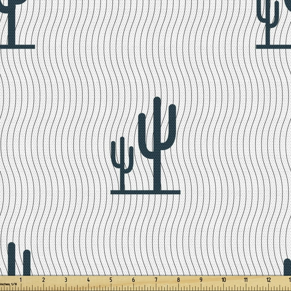 Ambesonne Cactus Fabric by the Yard Upholstery, Saguaro Cacti Motif Mexican, 1 Yard, Blue Charcoal Grey White