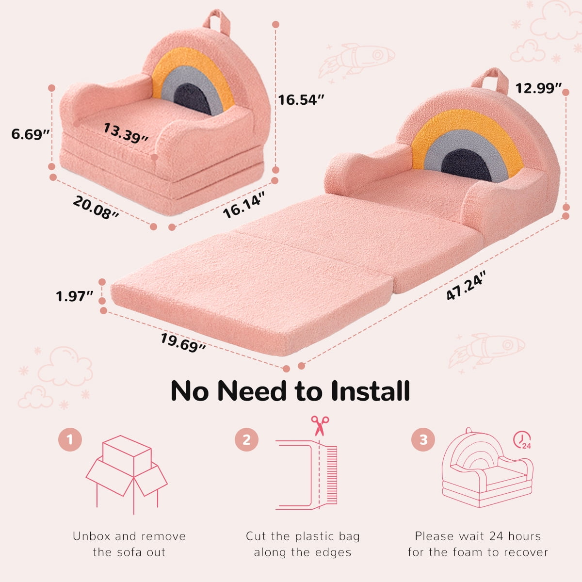 Toddler Sofa, 2-in-1 Kids Sofa, Easy to Move Toddler Chair, Toddler Beds for Gift, Rainbow