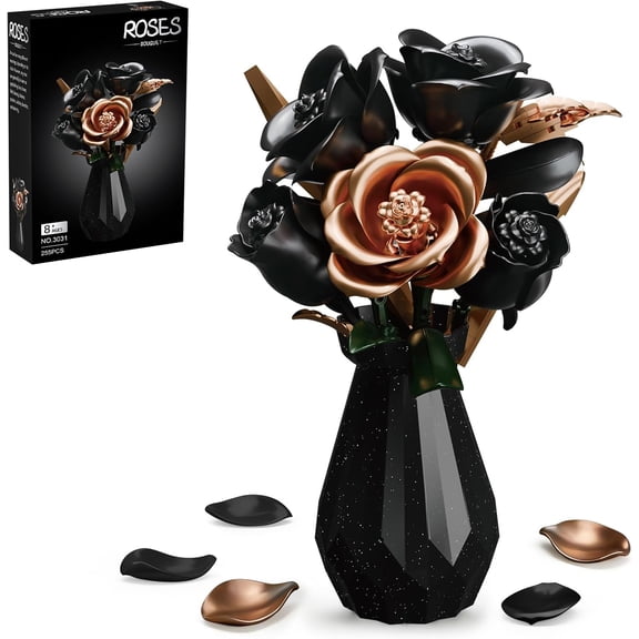 Remocguys Black Rose with Golden Bouquet Building Blocks Set Compatible with Lego Flowers with Vase Home Decor for Adults Women 255pcs