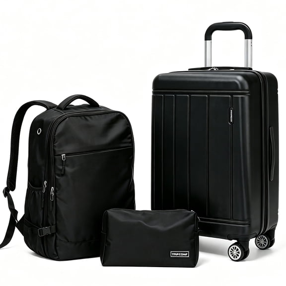Tripcomp 3 Piece Carry-on Luggage Sets, Hardside Suitcase with Spinner Wheels,Travel Backpack and a Packing Cube (Black)